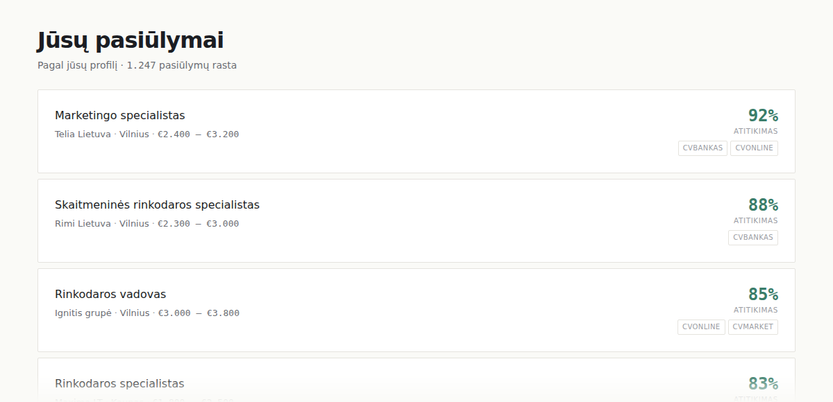 Darbo pasiūlymų atitikimo rezultatai